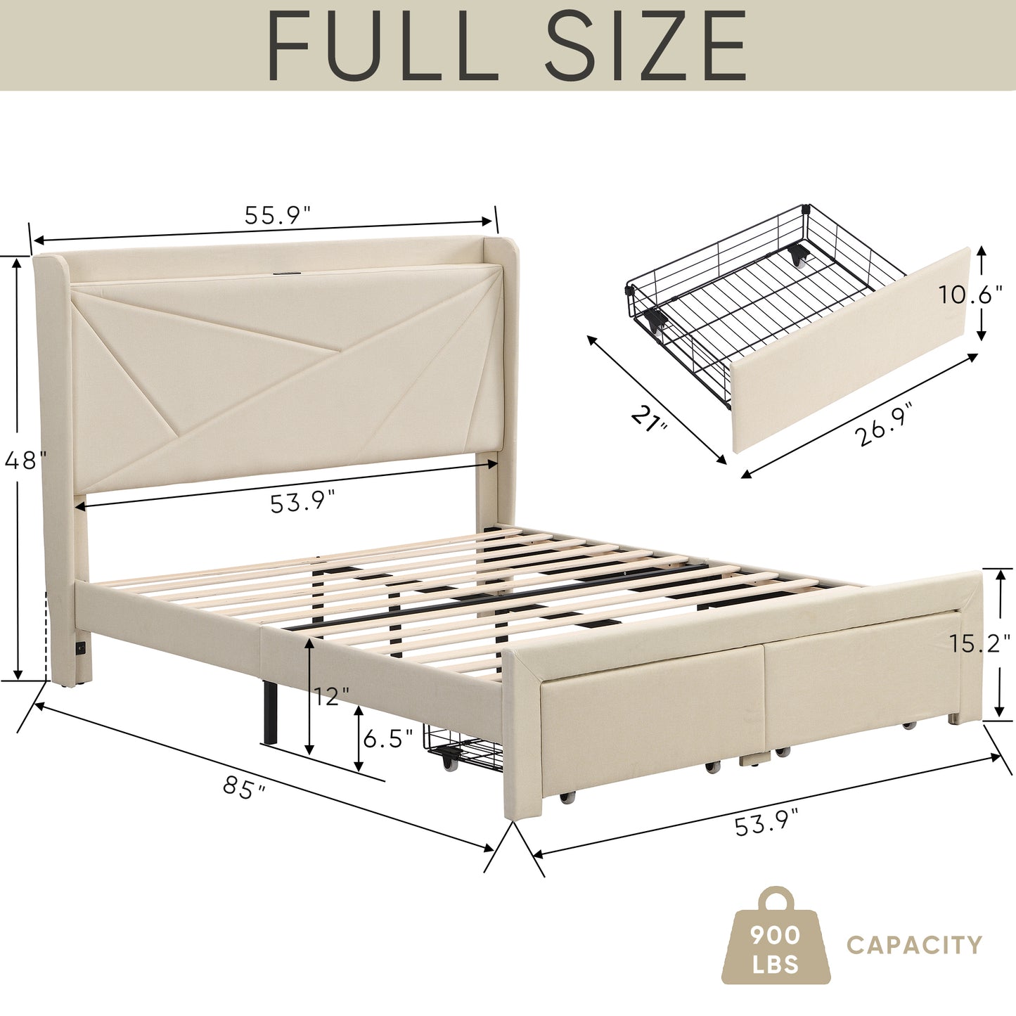 Full Size Bed Frame with 2 Storage Drawers, Upholstered Bed Frame with Wingback Headboard Storage Shelf Built-in USB Charging Stations and Strong Wood Slats Support, No Box Spring Needed, Beige