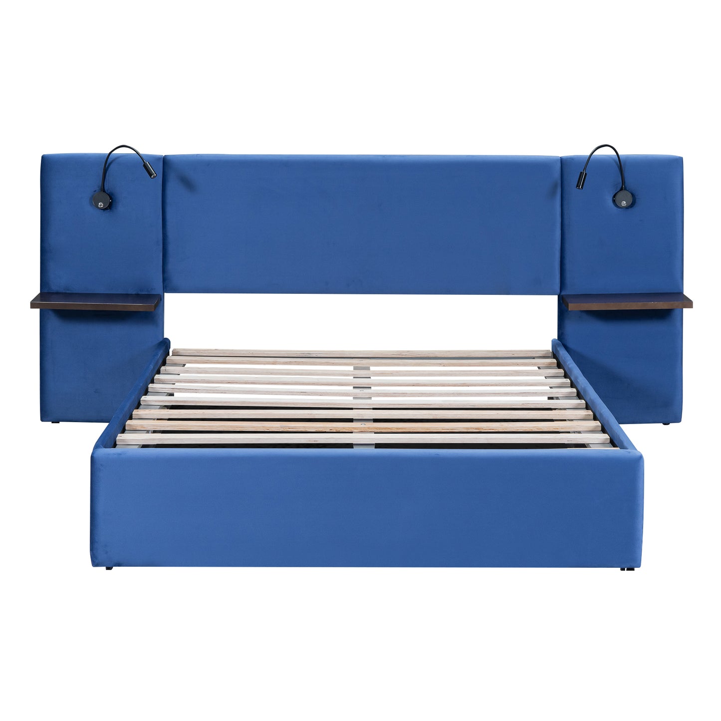 Full Size Storage Upholstered Hydraulic Platform Bed with 2 Shelves, 2 Lights and USB, Blue