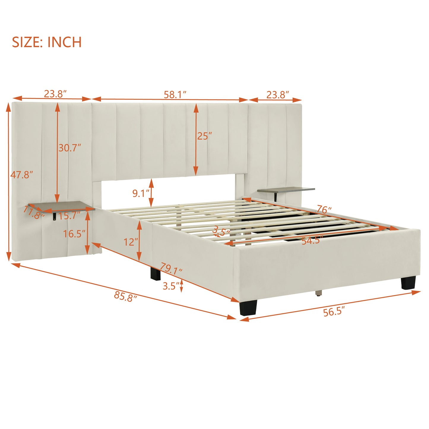 Full Size Upholstered Platform Bed with Big Headboard, Bedroom Furniture, Velvet, Beige