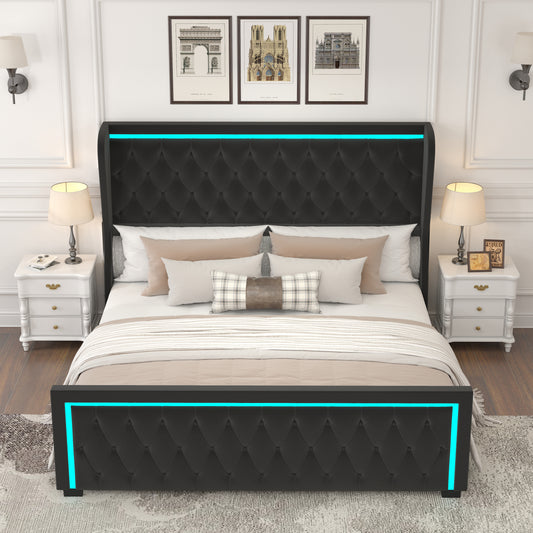 Queen Platform Bed Frame With High headboard, Velvet Upholstered Bed with Deep Tufted Buttons, Adjustable Colorful LED Light Decorative Headboard, Wide Wingbacks,BLACK