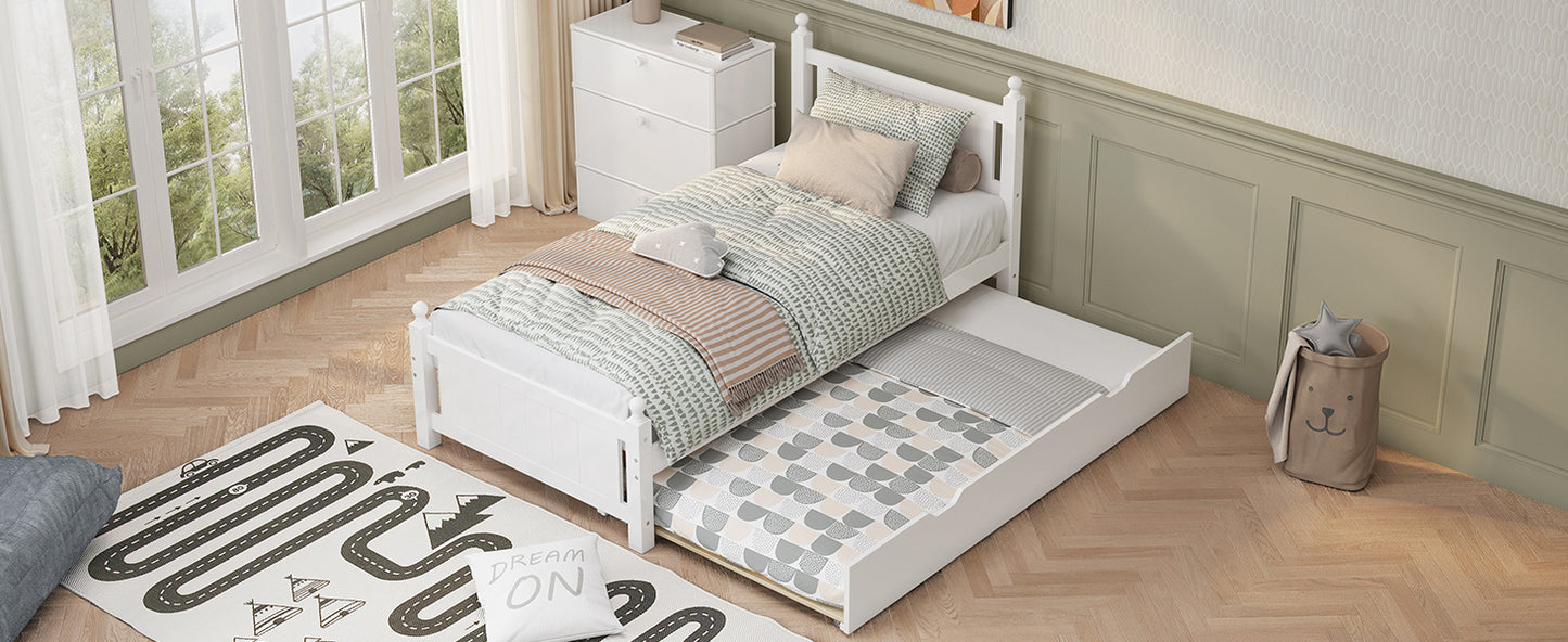 Twin Size Solid Wood Platform Bed Frame with trundle for Limited Space Kids, Teens, Adults, No Need Box Spring, White