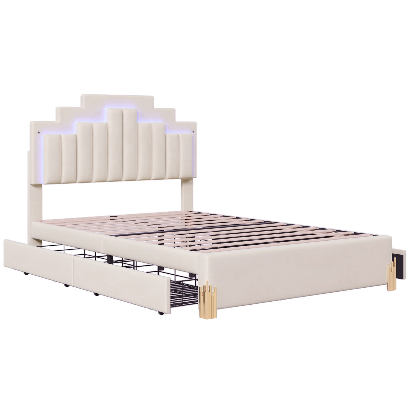 Full Size Upholstered Platform Bed with LED Lights and 4 Drawers, Stylish Irregular Metal Bed Legs Design, Beige