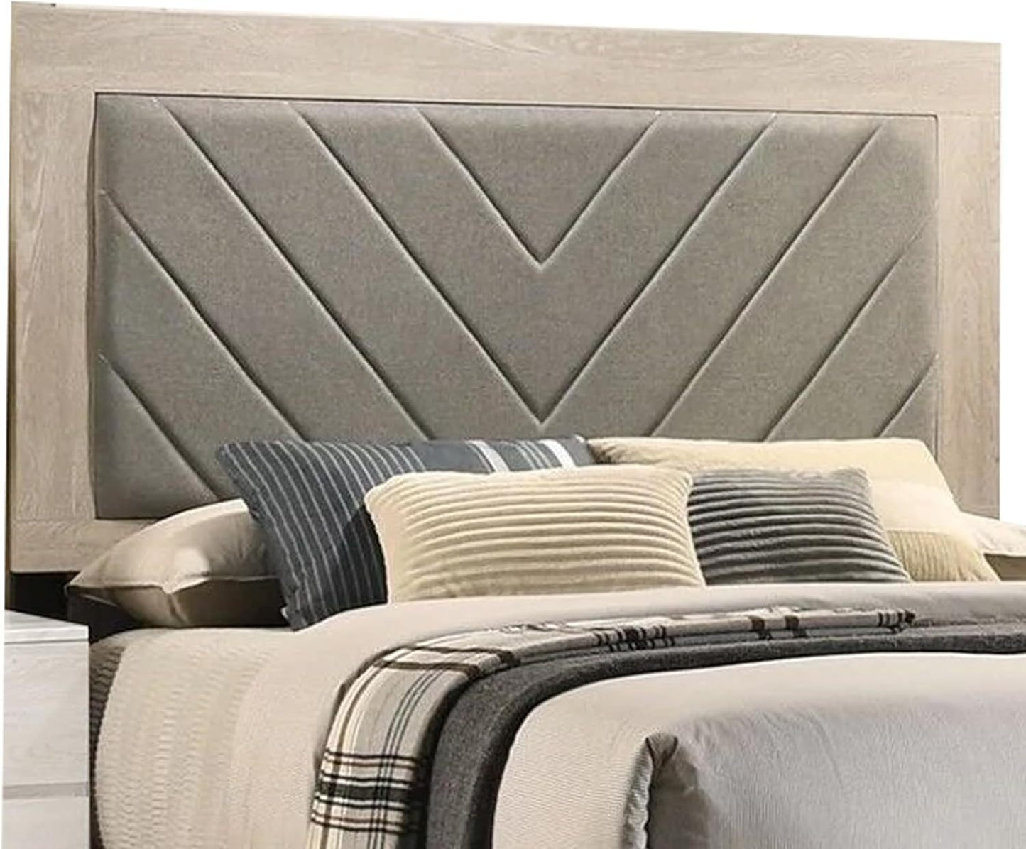 Contemporary 1pc Cream Finish Eastern King Size Bed Bedroom Furniture Gray V-Design Headboard Rubberwood 1pc Bedframe