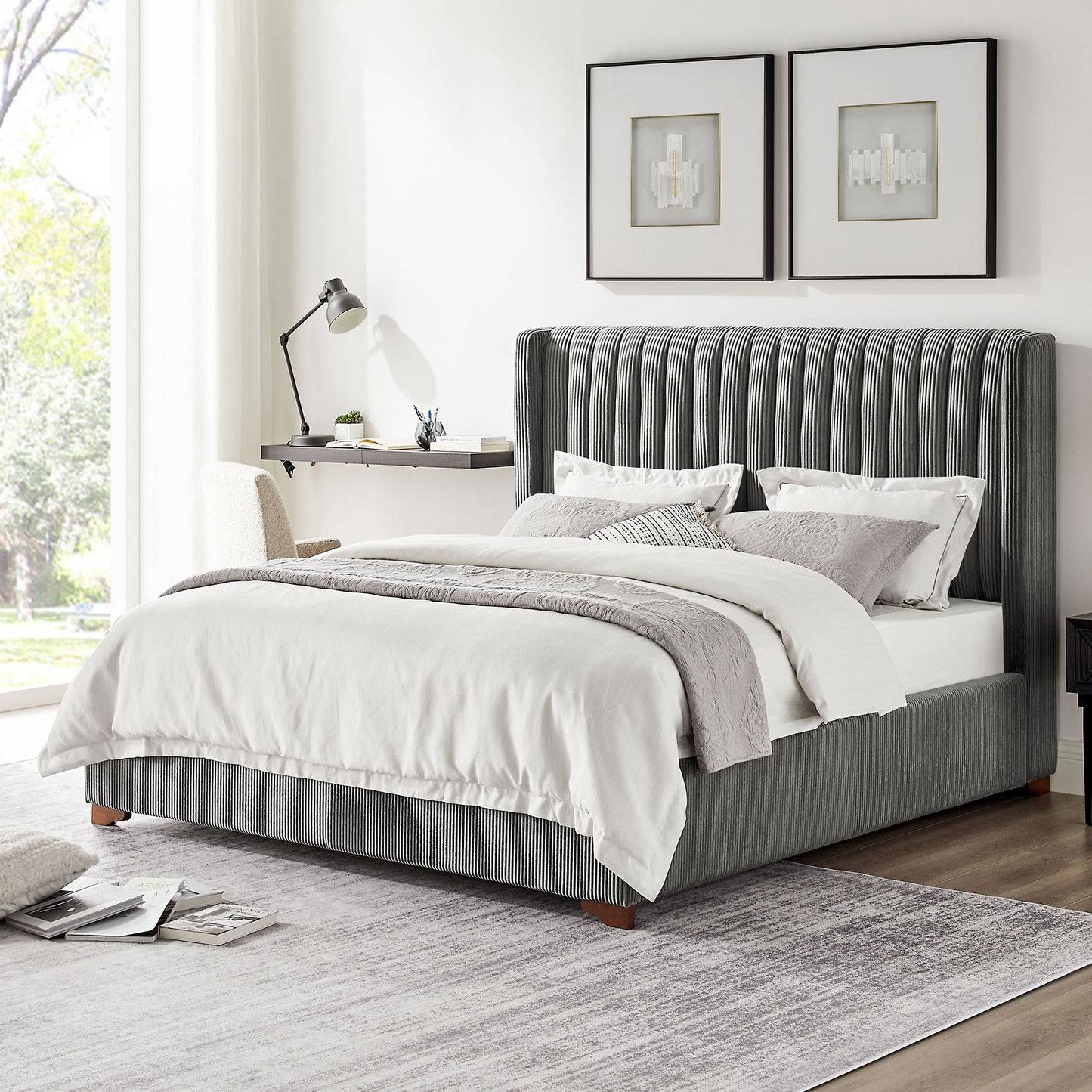 Queen Size Modern Design Bed Frame Upholstered Queen Bed Frame Platform with Headboard Corduroy Headboard Wooden Slats Support, No Box Spring Needed,Mattress Foundation,Dark Grey