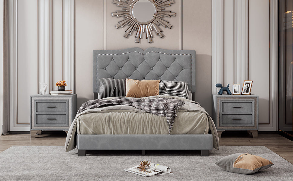 Full Size Upholstered Bed Frame with Rivet Design, Modern Velvet Platform Bed with Tufted Headboard,Gray