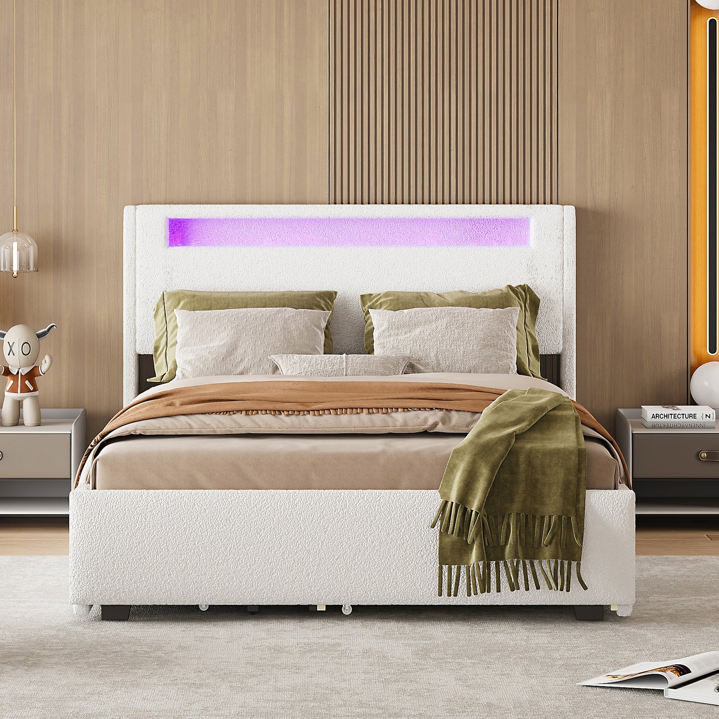 Full Size Upholstered Platform Bed with LED Frame, with Twin  Size Trundle and 2 drawers, Teddy Fleece, White