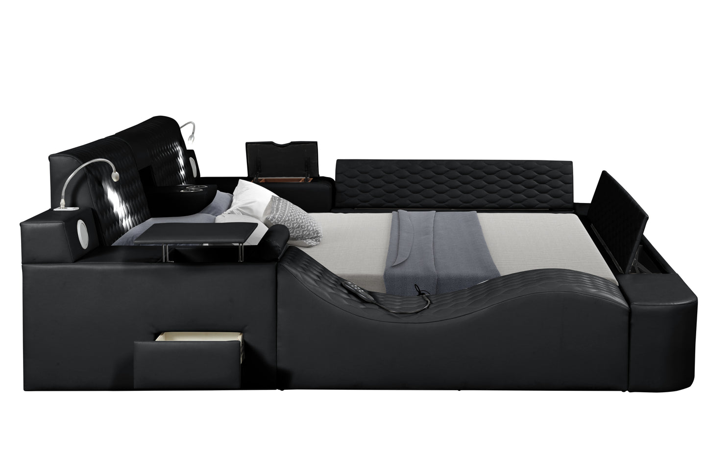 Smart Multifunctional King Size Bed Made with Wood in Black