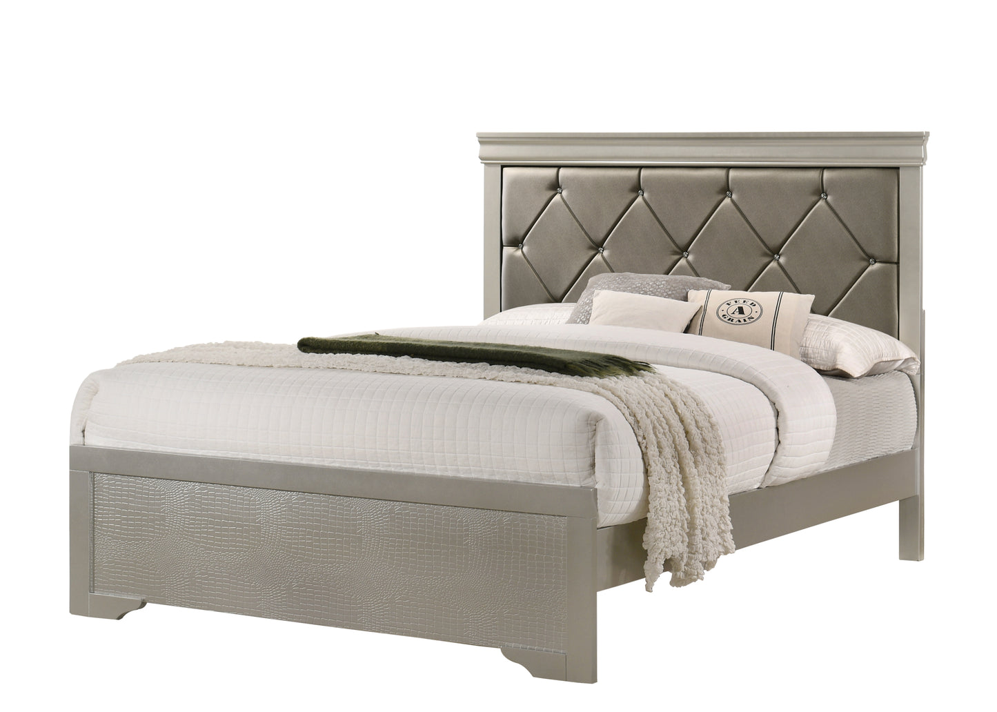 Modern 1pc Beige Champagne Finish Full Size Panel Bed Wooden Crocodile Texture PU Upholstered Headboard Crystal-Like Button Tufted Fabric Bedroom Furniture