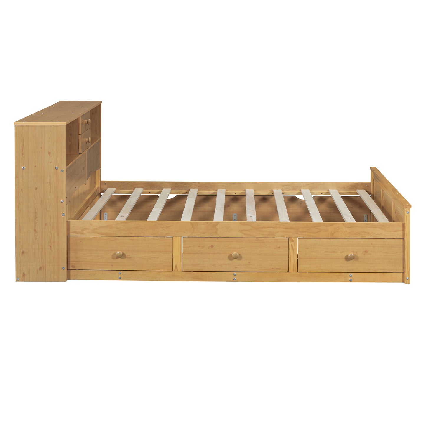 Full Size Wood Pltaform Bed with Twin Size Trundle, 3 Drawers, Upper Shelves and a set of USB Ports & Sockets, Natural