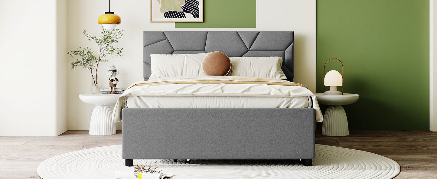 Full Size Upholstered Platform Bed with Brick Pattern Headboard and Twin Size Trundle, Linen Fabric, Gray