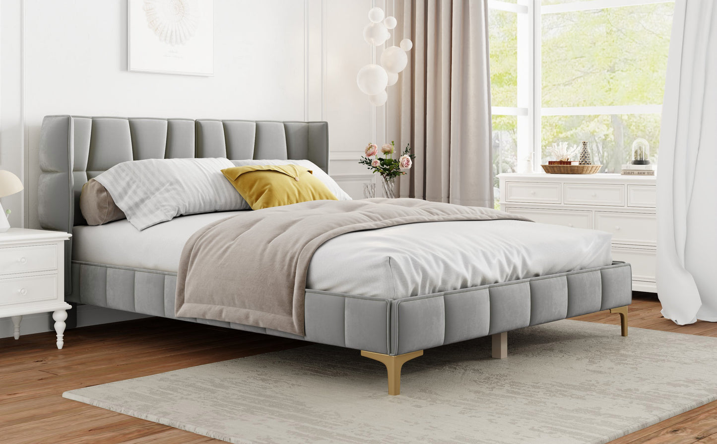 Queen Size Upholstered Velvet Platform Bed, Gray