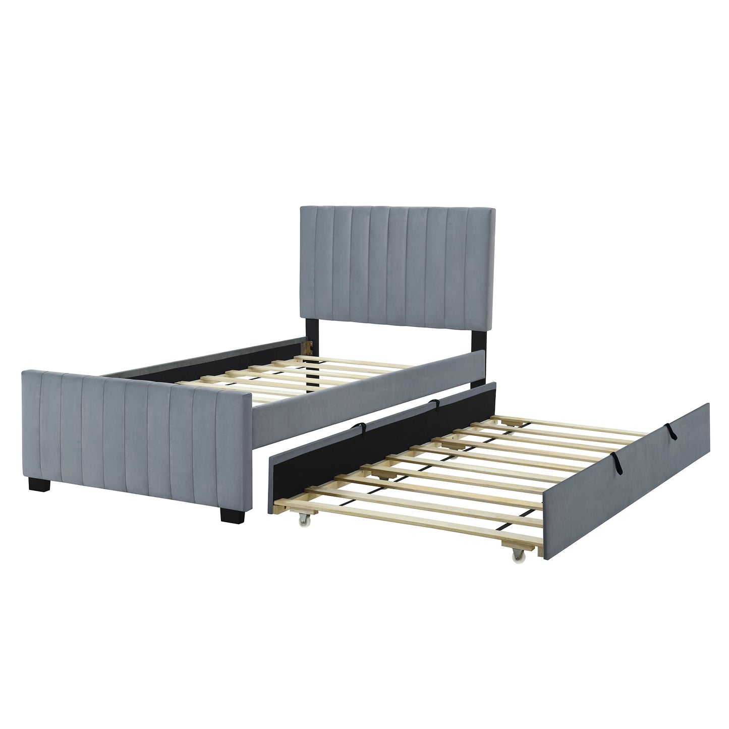 Twin Size Velvet Upholstered Platform Bed with Twin Size Trundle, Gray