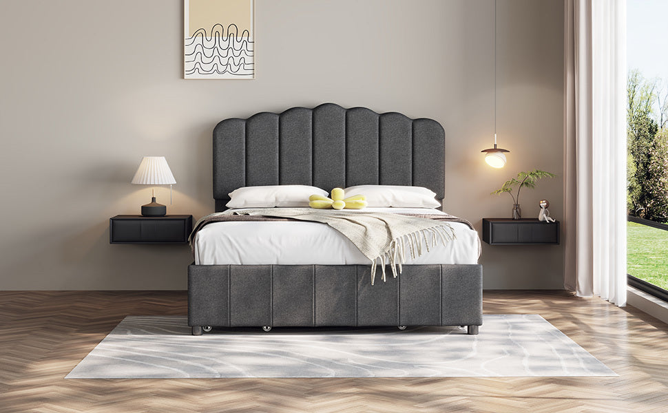 Full Size Upholstered Bed with 4 Storage Drawers,Wood Slat Support, Gray