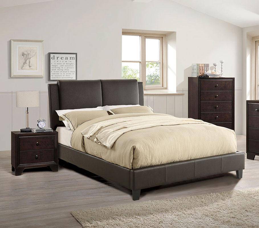 Eastern King Size Bed 1pc  Bed Set Brown Faux Leather Upholstered Two-Panel Bed Frame Headboard Bedroom Furniture