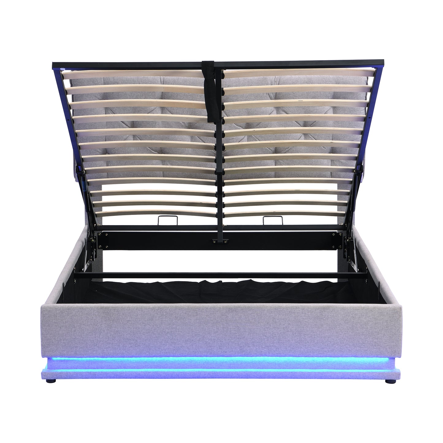 Cama tapizada de tamaño completo con sistema de almacenamiento hidráulico y luz LED, plataforma moderna con cabecera con diseño de botones, gris