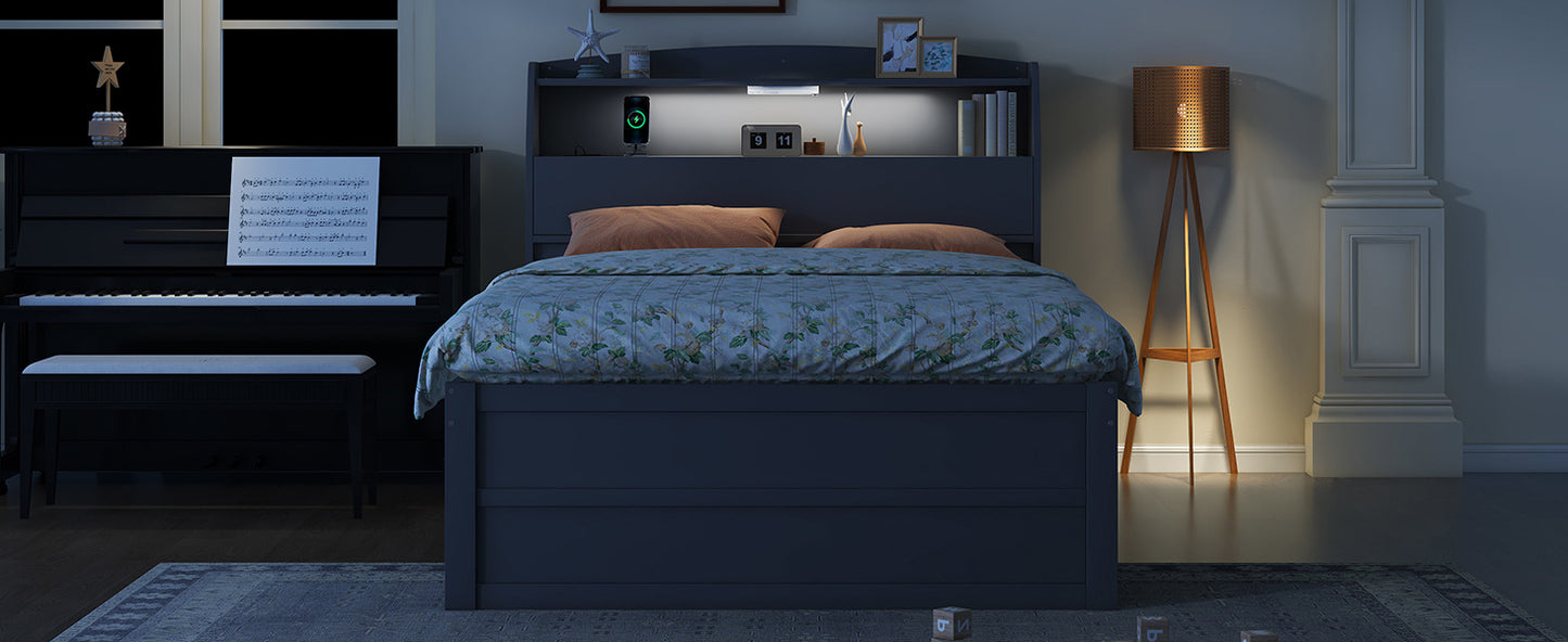 Full Size Wooden LED Platform Bed with Trundle, with Storage Headboard, with Drawers, Gray