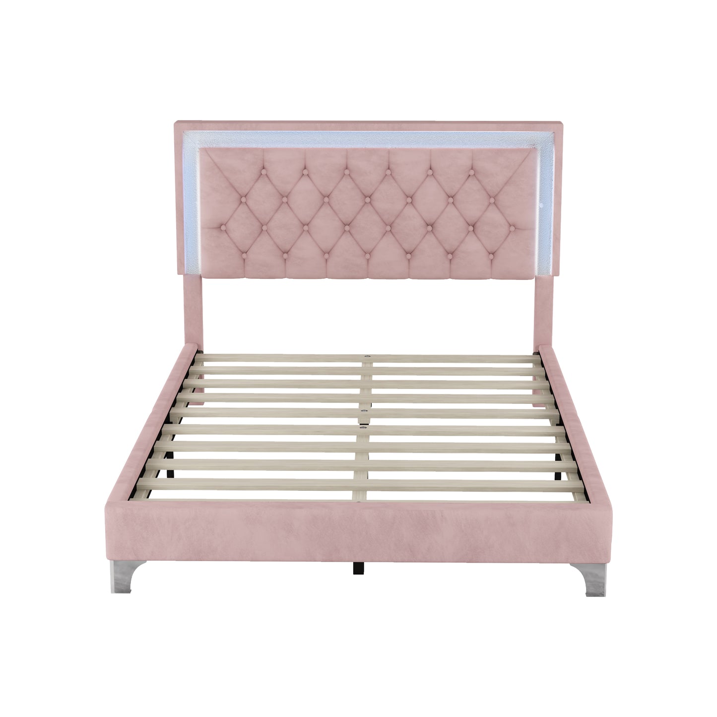 Full Size Upholstered Bed Frame with LED Lights,Modern Velvet Platform Bed with Tufted Headboard,Pink