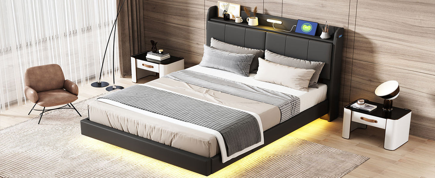 Queen Size Floating Bed Frame with Storage Headboard, Modern Upholstered Platform Bed with Touch Sensor Night Light and USB Charger, Black