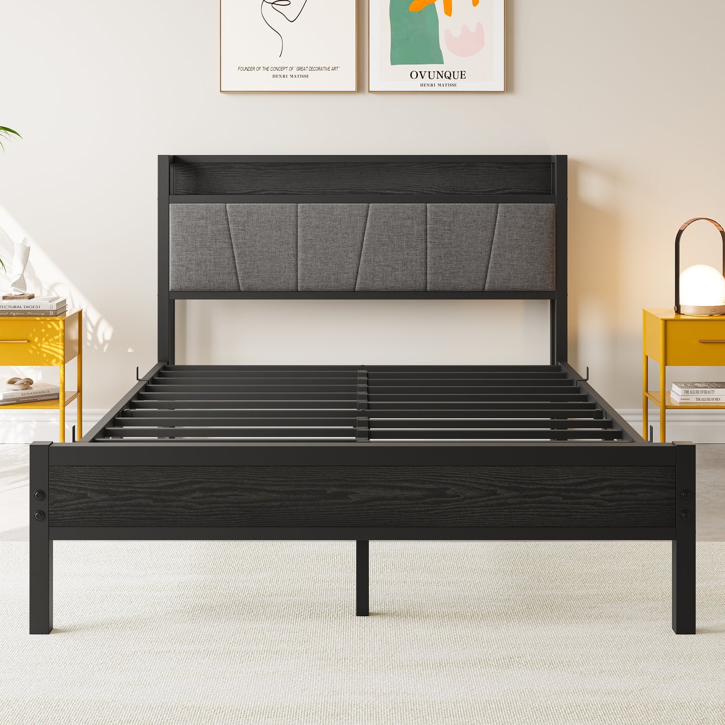 Full Size Bed Frame, Storage Headboard with Charging Station, Solid and Stable, Noise Free, No Box Spring Needed, Easy Assembly