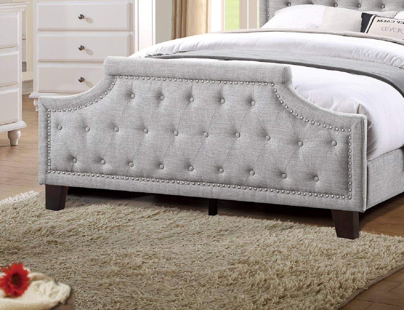 Grey Polyfiber American Traditional 1pcs Queen Size Bed Only Button Tufted Headbaord Footboard Bedroom Furniture