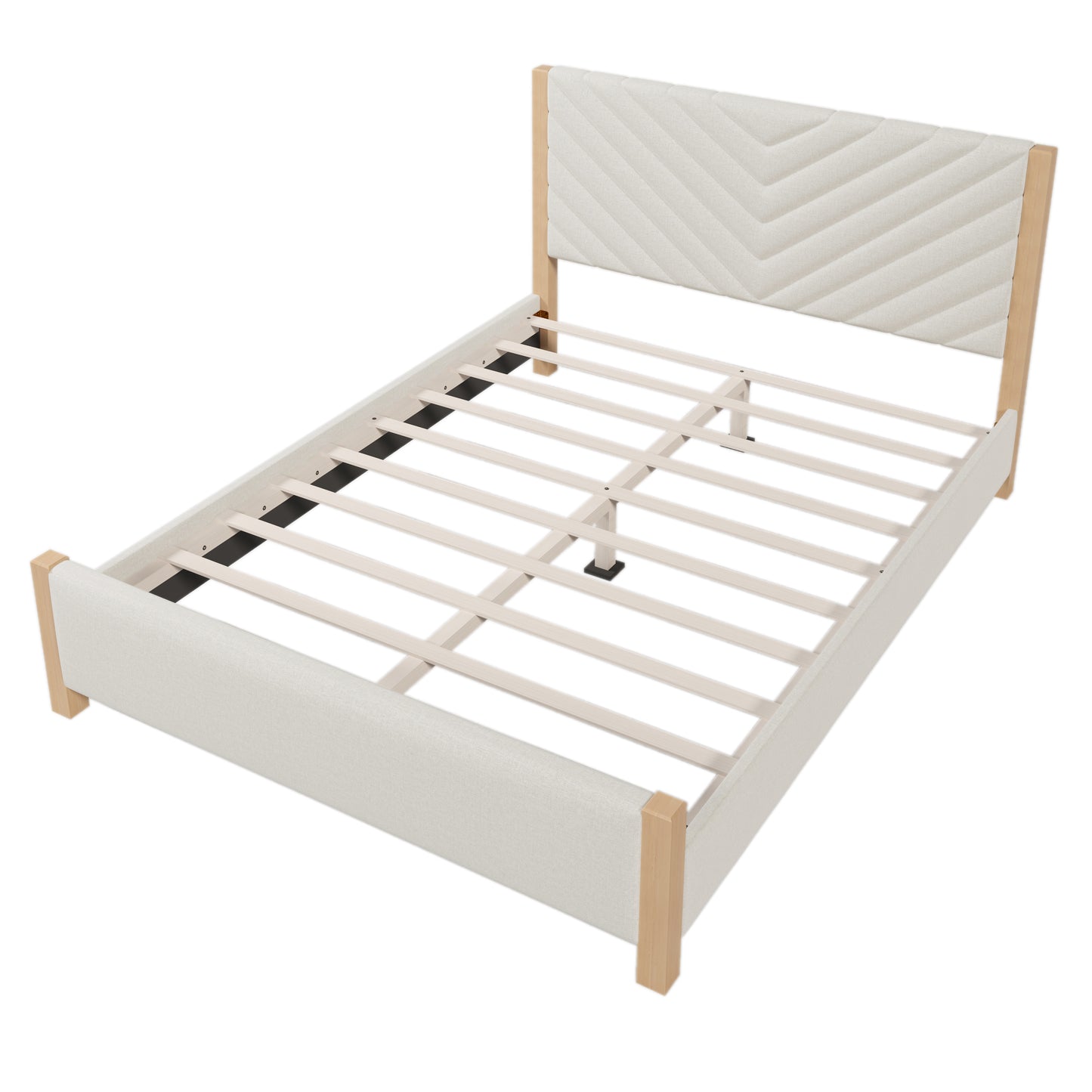 Modern Mid-Century Queen Upholstered Platform Bed Frame with Tufted Headboard and Solid Wood Legs,No Box Spring Needed,Beige