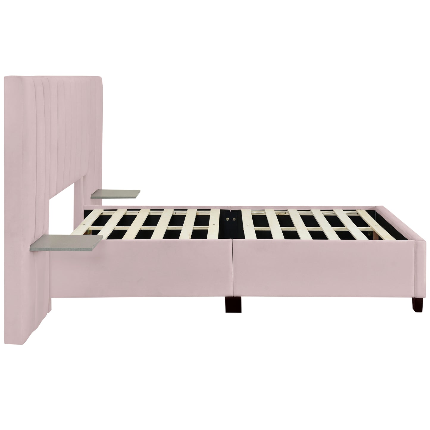 Full Size Upholstered Platform Bed with Big Headboard, Bedroom Furniture, Velvet, Pink