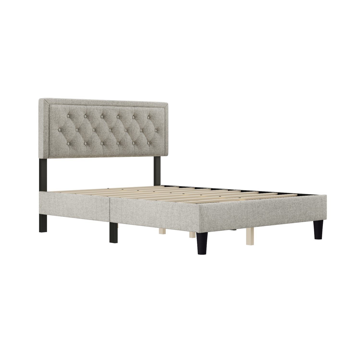 Full size Panel Bed Frame with Adjustable Button-Tufted Headboard for Bedroom/Linen Upholstered/Wood Slat Support/Easy Assembly,Linen Beige