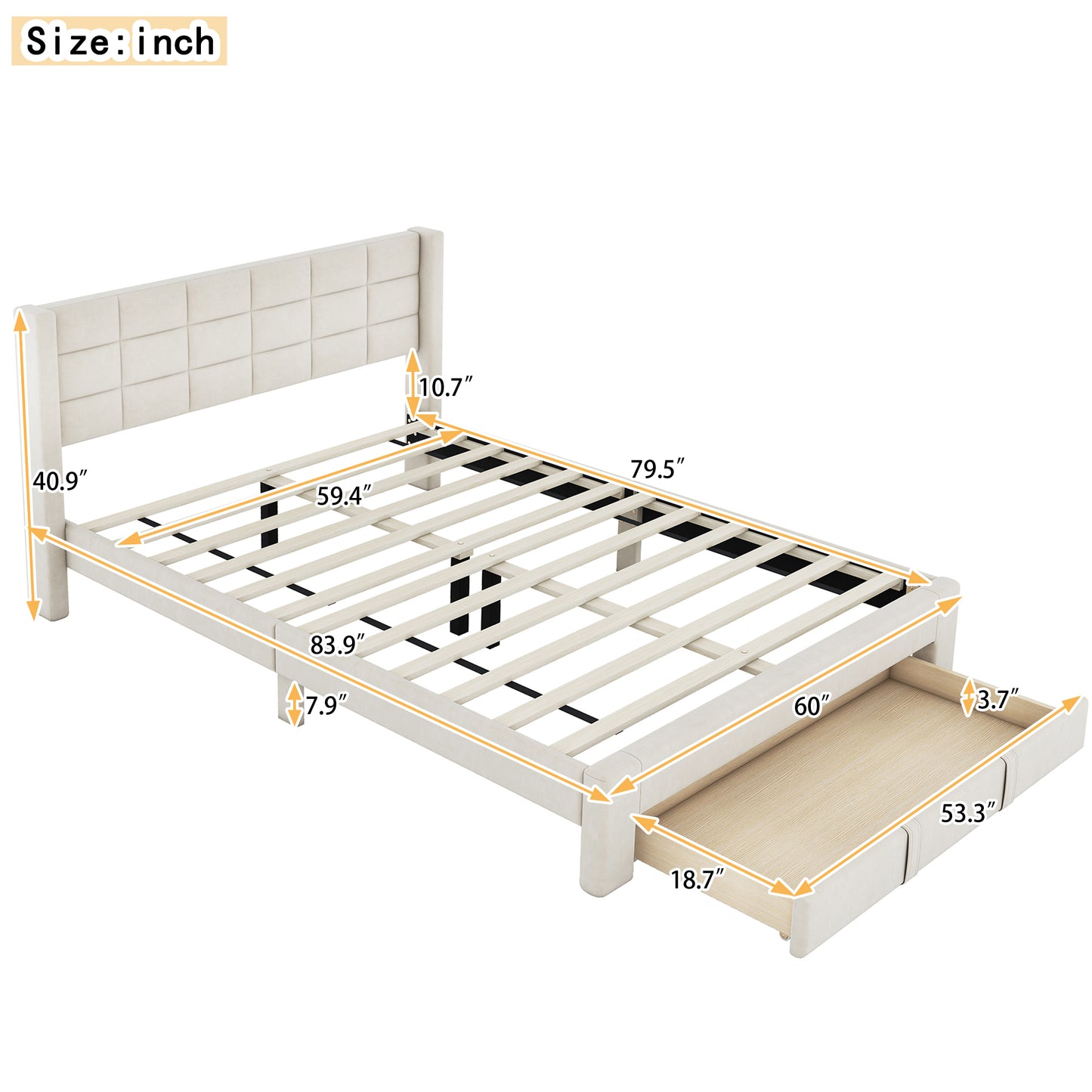 Queen Size Upholstered Platform Bed with A Big Drawer, Beige