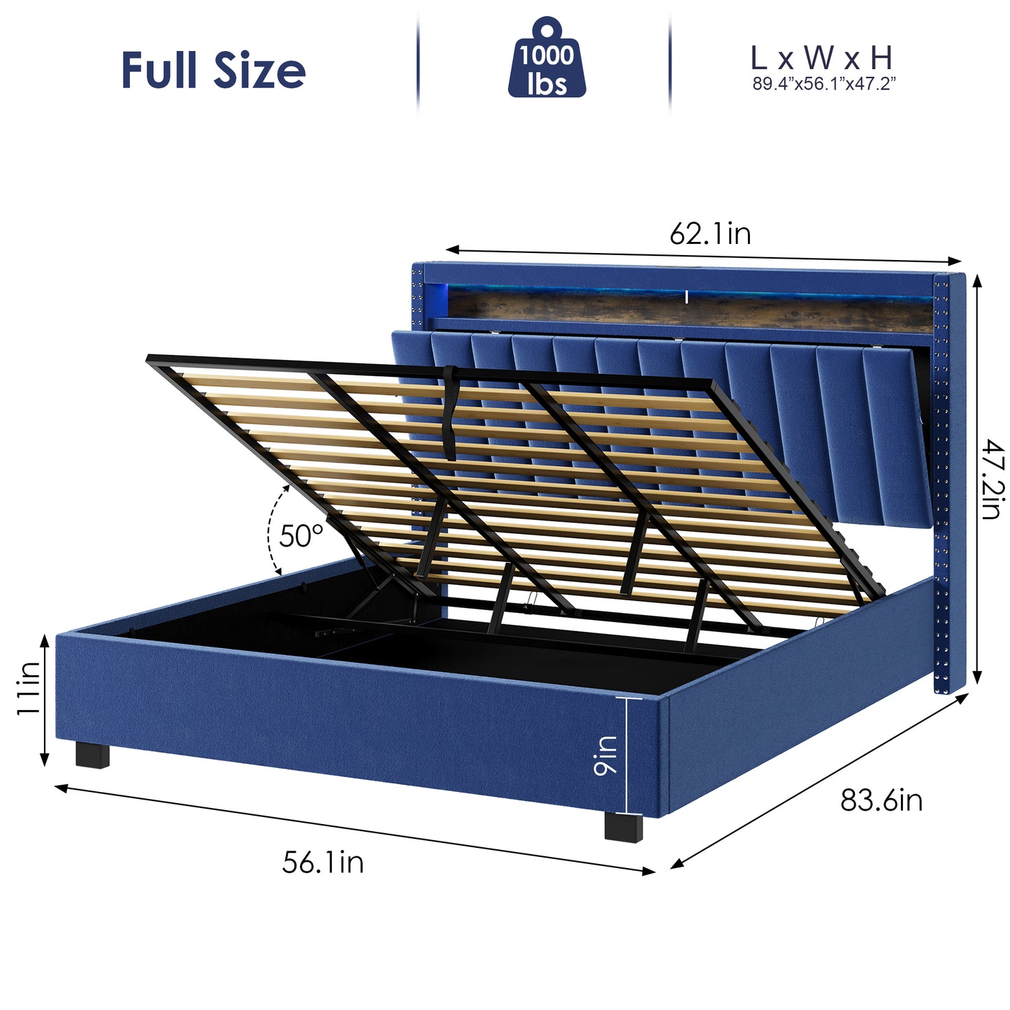 Luxury Gas Lift Storage Bed with RF LED Lights, Storage Headboard ,FULL Size ,Velvet Blue