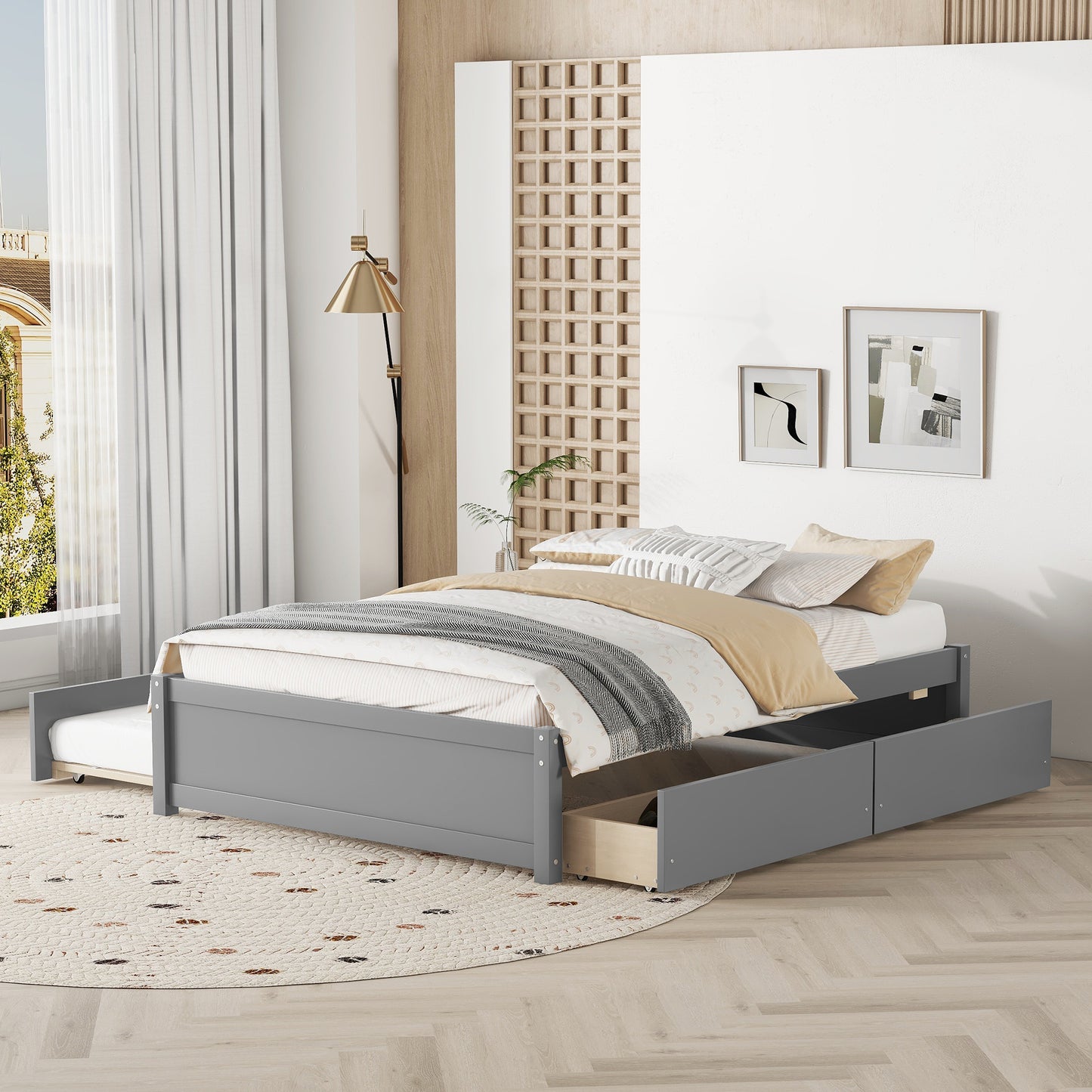 FULL BED WITH TWIN SIZE TRUNDLE AND TWO DRAWERS FOR GREY COLOR