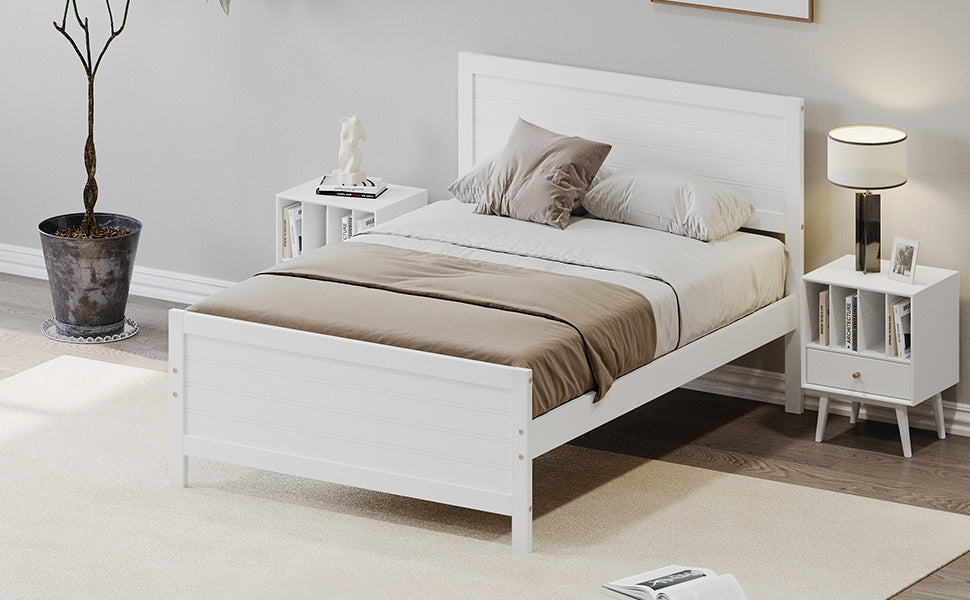 Wood Platform Bed Frame with Headboard, Mattress Foundation with Wood Slat Support, No Box Spring Needed, Full Size, White