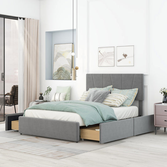 Full Size Upholstery Platform Bed with Four Drawers on Two Sides, Adjustable Headboard, Grey(Old SKU: WF291773EAA)