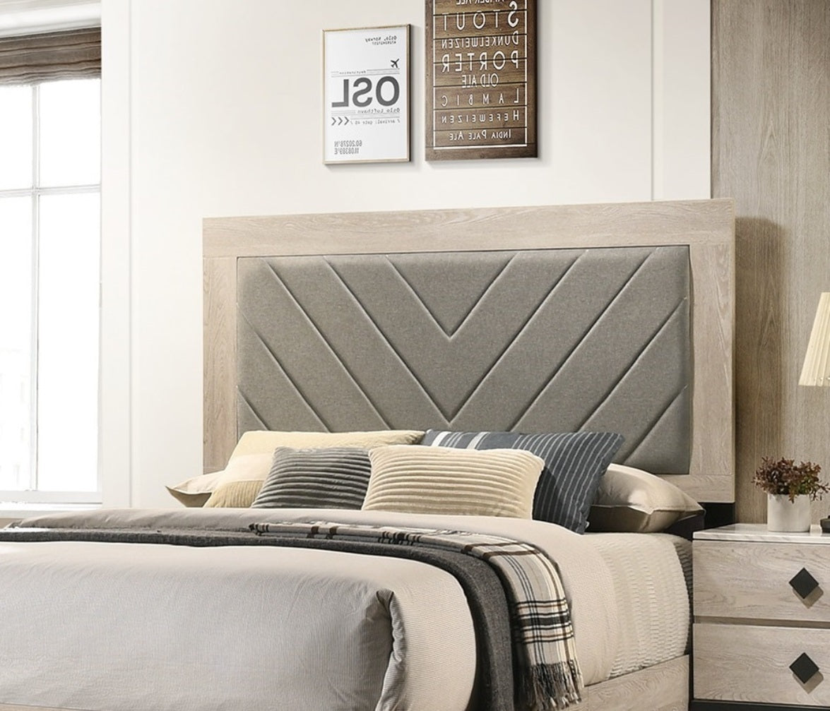 Contemporary 1pc Cream Finish Eastern King Size Bed Bedroom Furniture Gray V-Design Headboard Rubberwood 1pc Bedframe