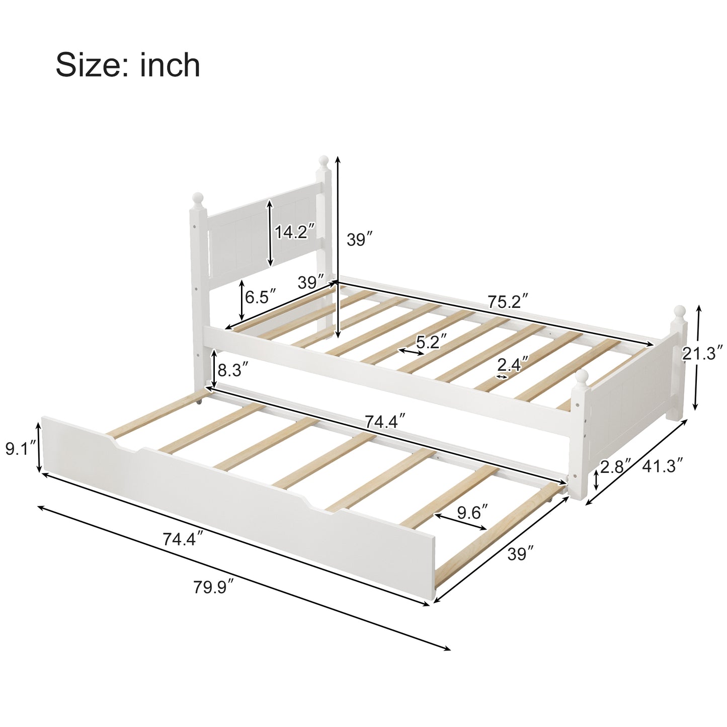 Twin Size Solid Wood Platform Bed Frame with trundle for Limited Space Kids, Teens, Adults, No Need Box Spring, White