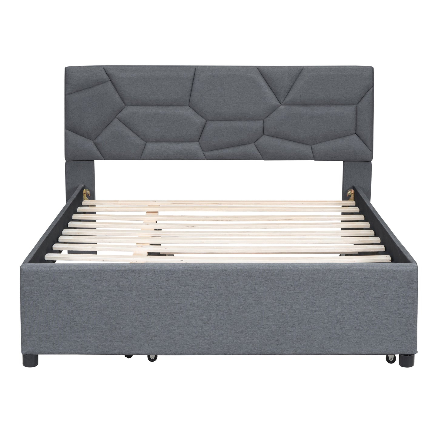 Full Size Upholstered Platform Bed with Brick Pattern Headboard and Twin Size Trundle, Linen Fabric, Gray