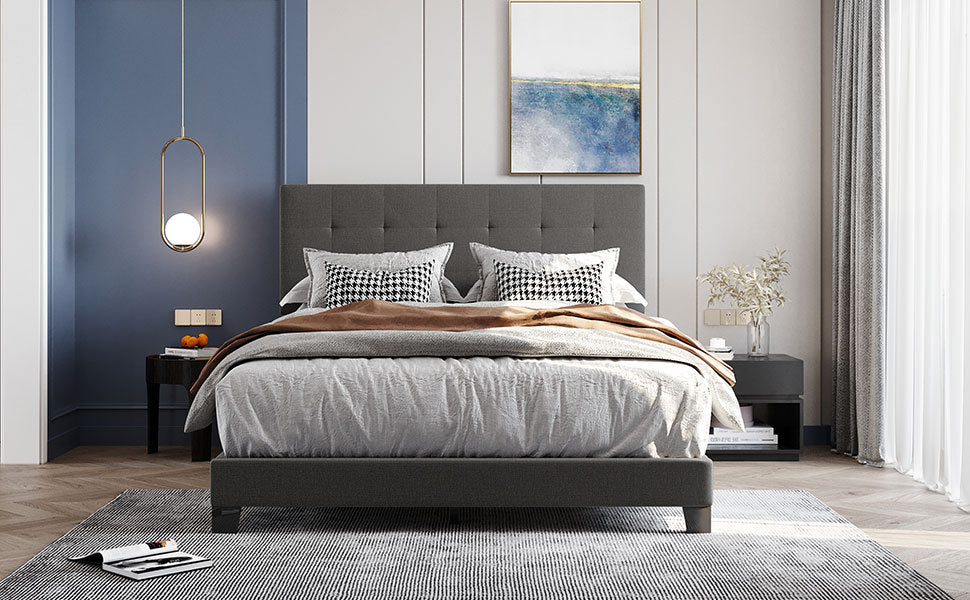 Upholstered Platform Bed with Tufted Headboard, Box Spring Needed, Gray Linen Fabric, Queen Size