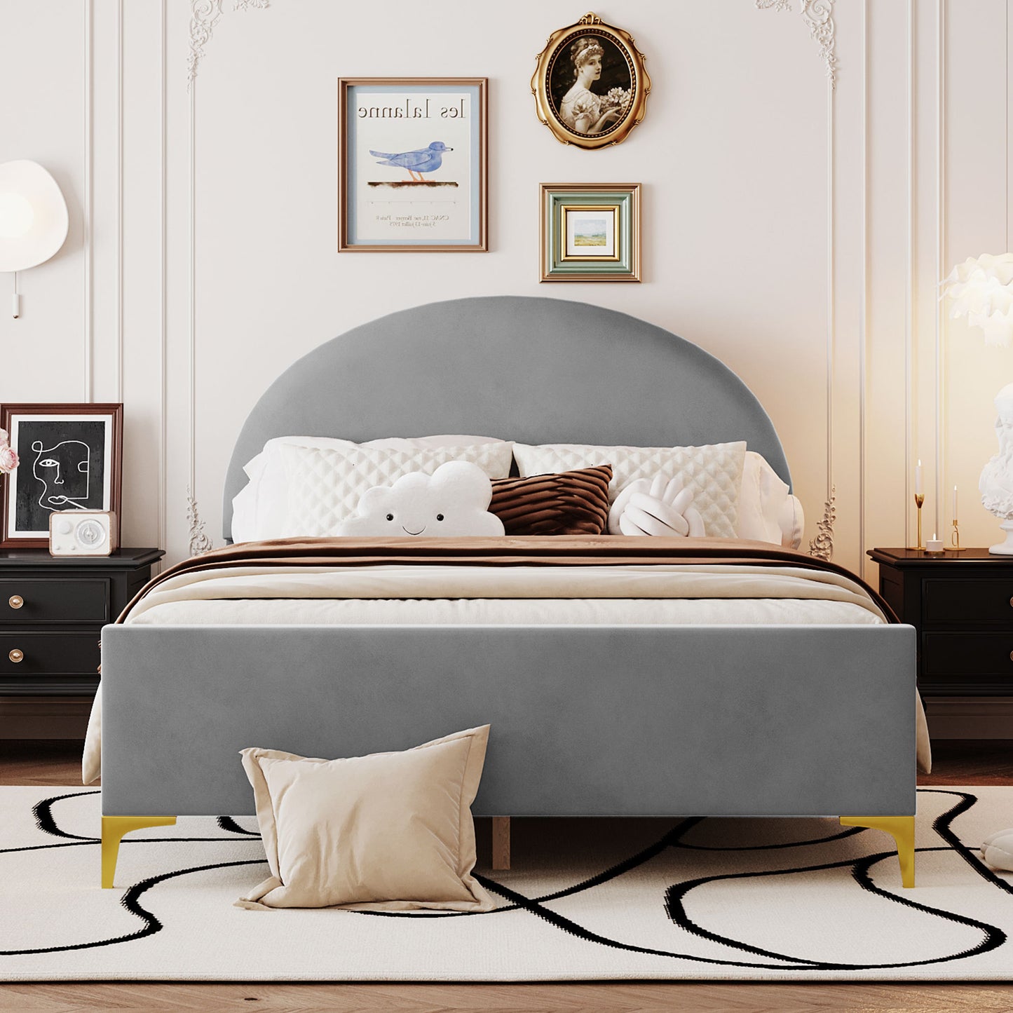 Full Size Upholstered Platform Bed with Classic Semi-circle Shaped headboard and Mental Legs, Velvet, Gray