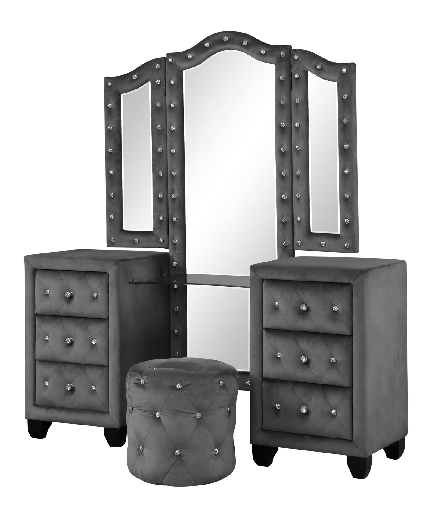 Modern Style Crystal Tufted King 4 Piece(Includes: King Size Bed, Nightstand, Vanity Set) Velvet Fabric Upholstery Vanity Bedroom Set Made with Wood in Gray