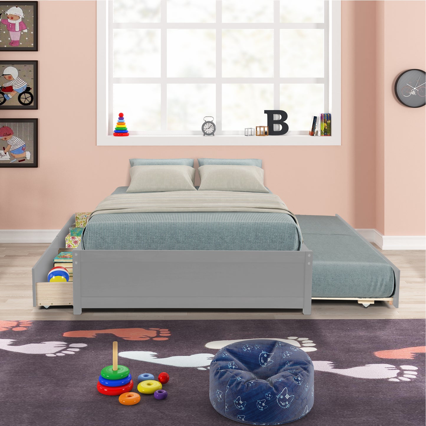 FULL BED WITH TWIN SIZE TRUNDLE AND TWO DRAWERS FOR GREY COLOR