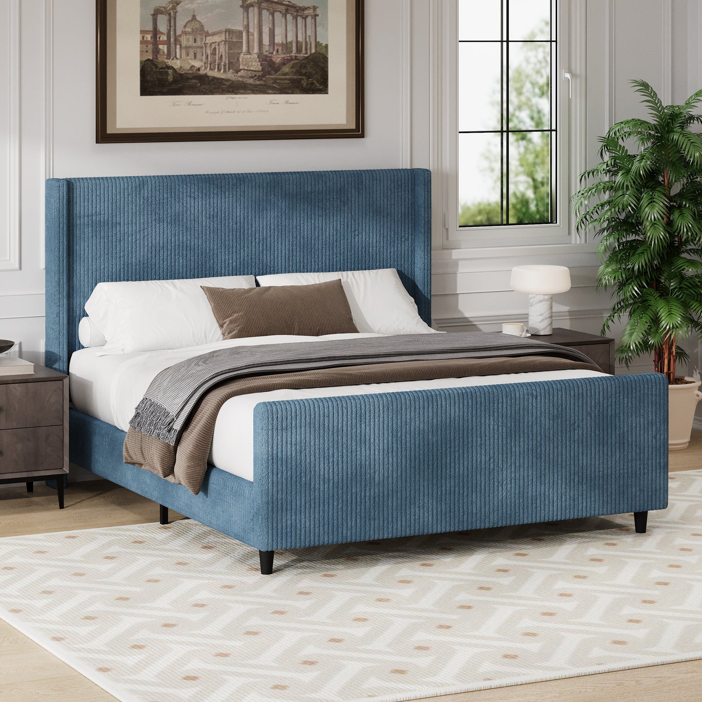 50.7'' High Headboard Corduroy Upholstered Bed Frame with Vertical Stripe Wingback and High Footboard No Box Spring Needed, Queen Size, Blue