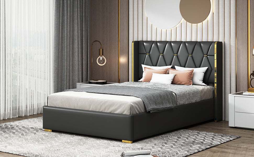 Full Size Upholstered Platform Bed with Metal Strips, Black