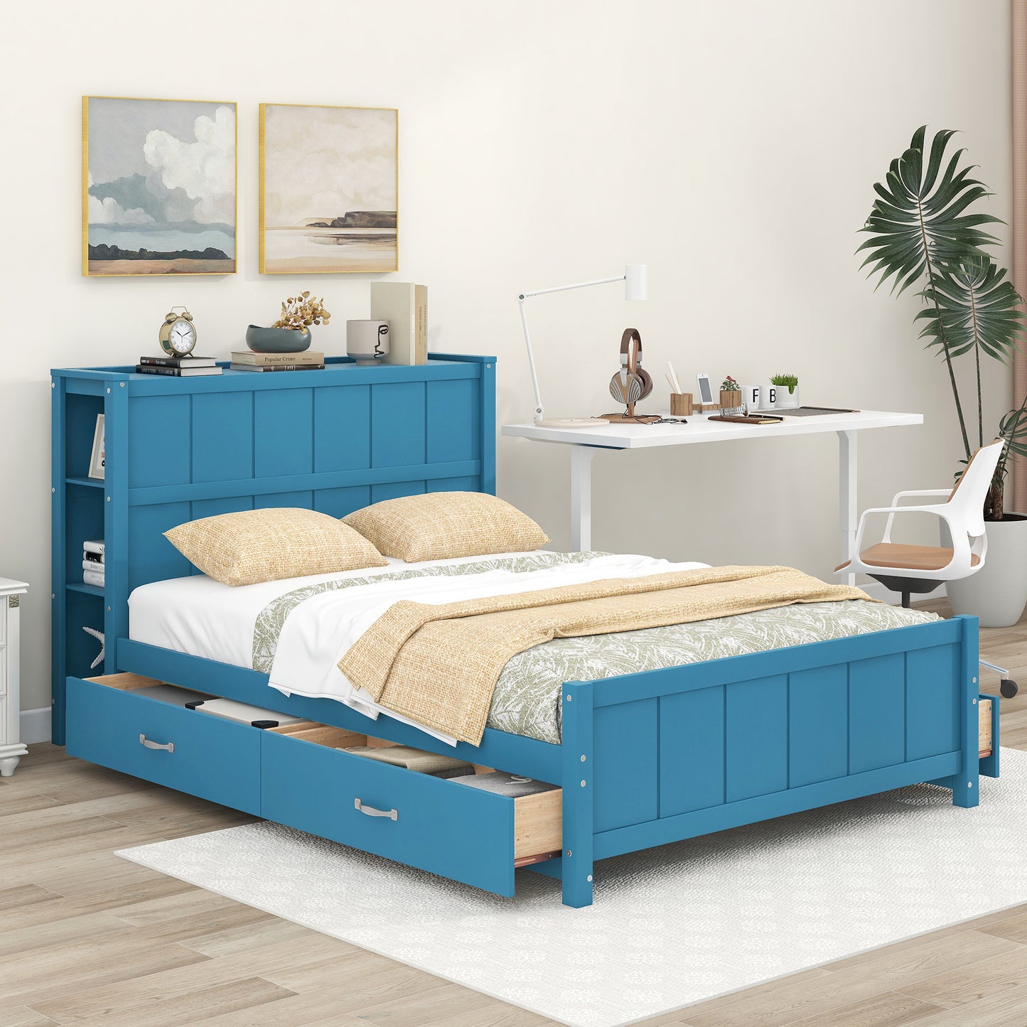 Full Size Platform Bed with Drawers and Storage Shelves, Blue