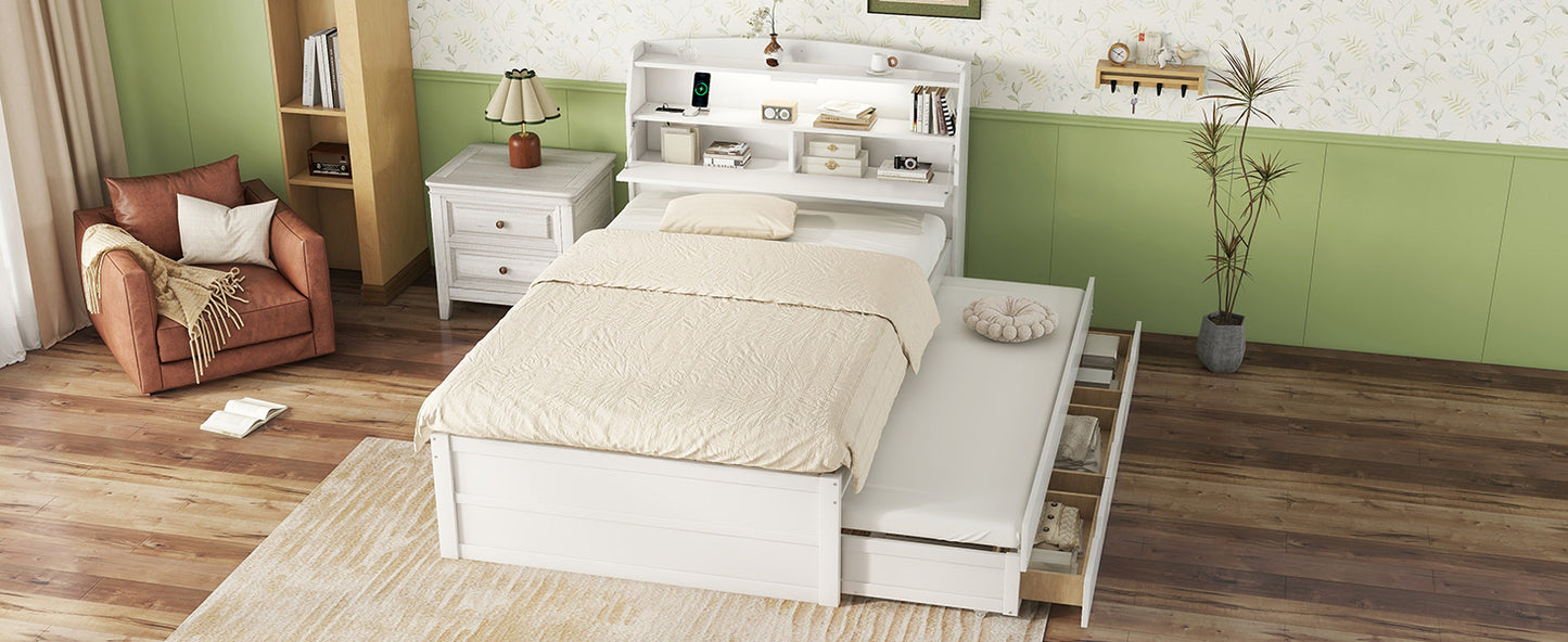 Full Size Wooden LED Platform Bed with Trundle, with Storage Headboard, with Drawers, White