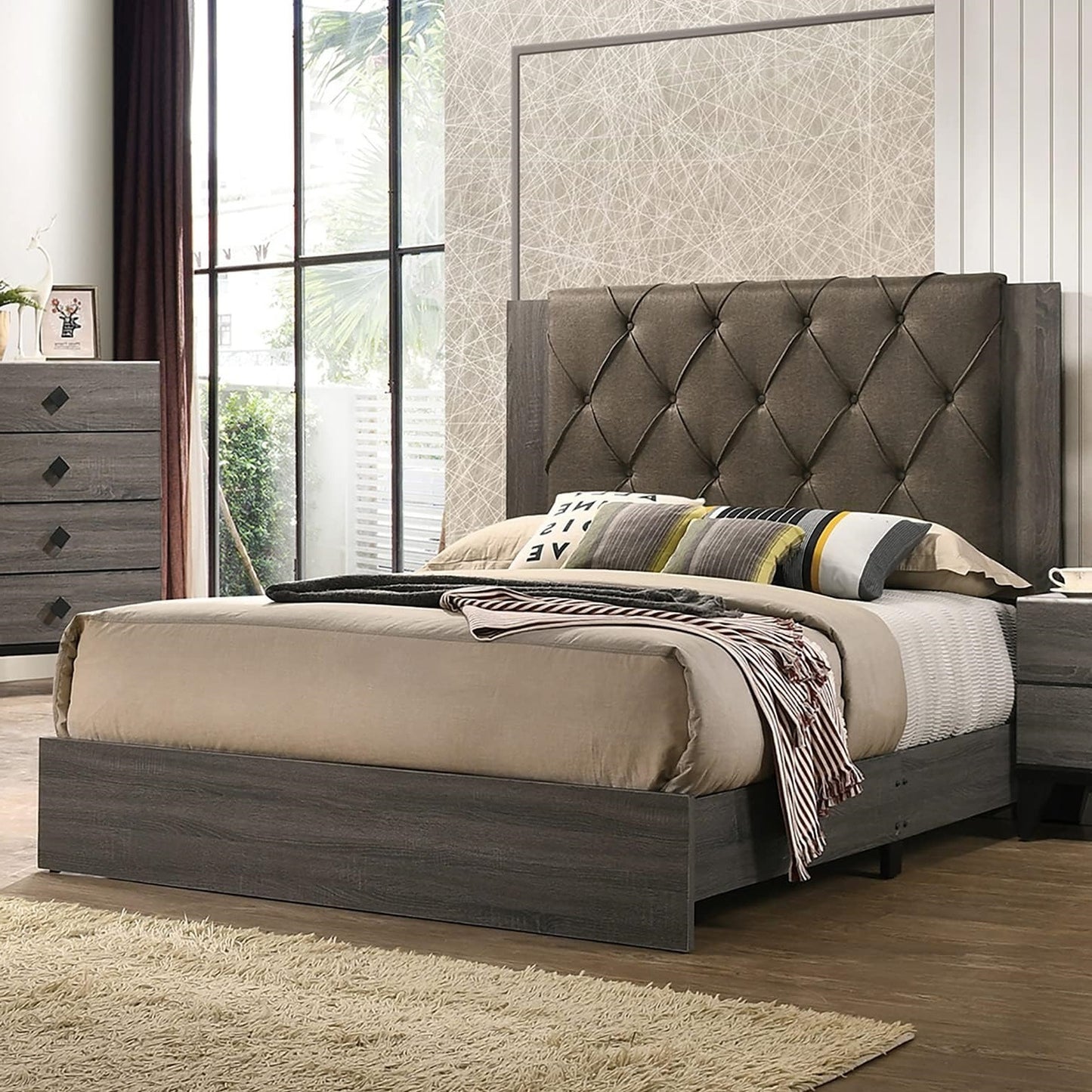 Contemporary 1pc King Size Bed Bedroom Furniture Tufted Design Headboard Rubberwood 1pc Bedframe Gray Finish