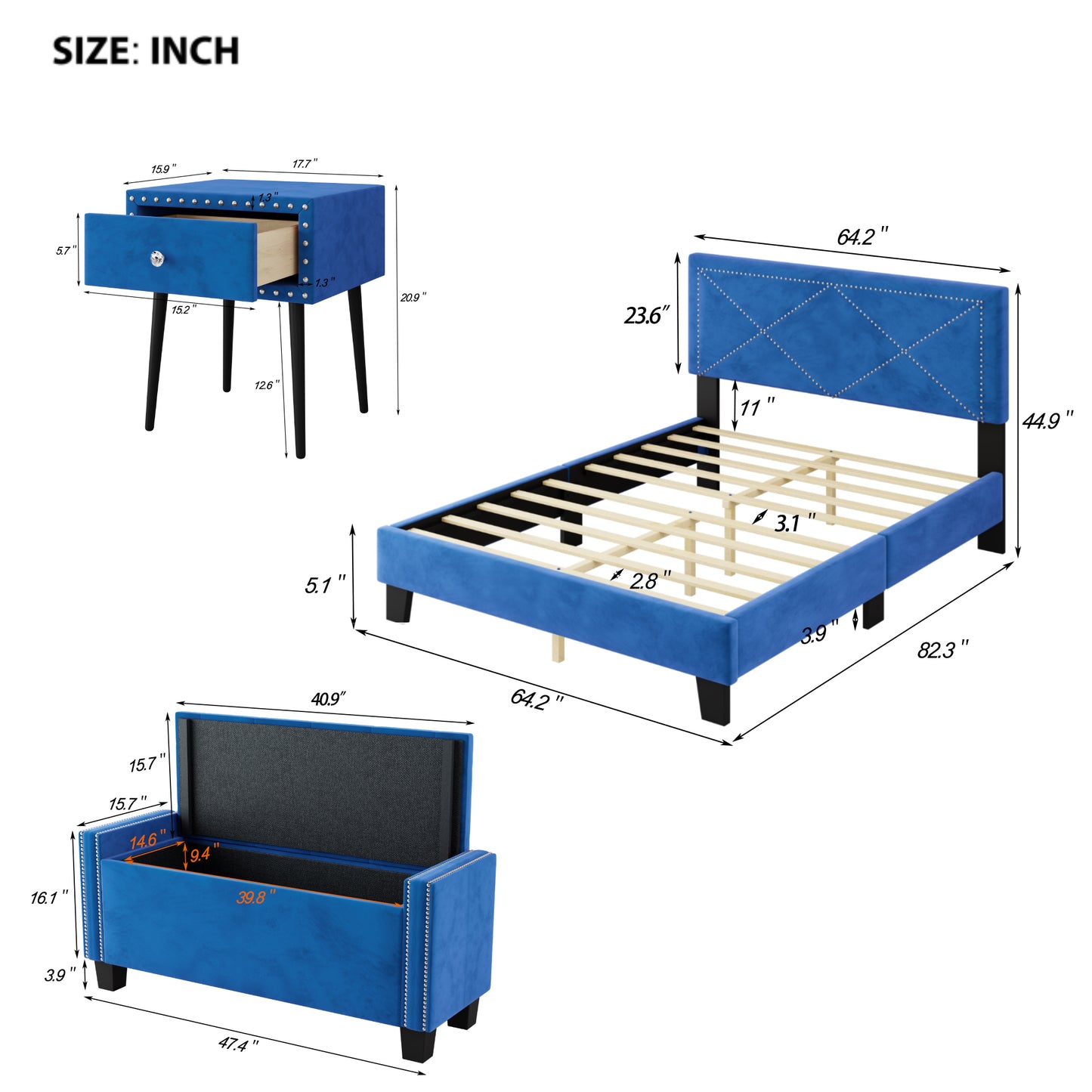 4-Pieces Bedroom Sets Queen Size Upholstered Bed Frame with Rivet Design,Nightstands and Tufted Storage Ottoman,Blue