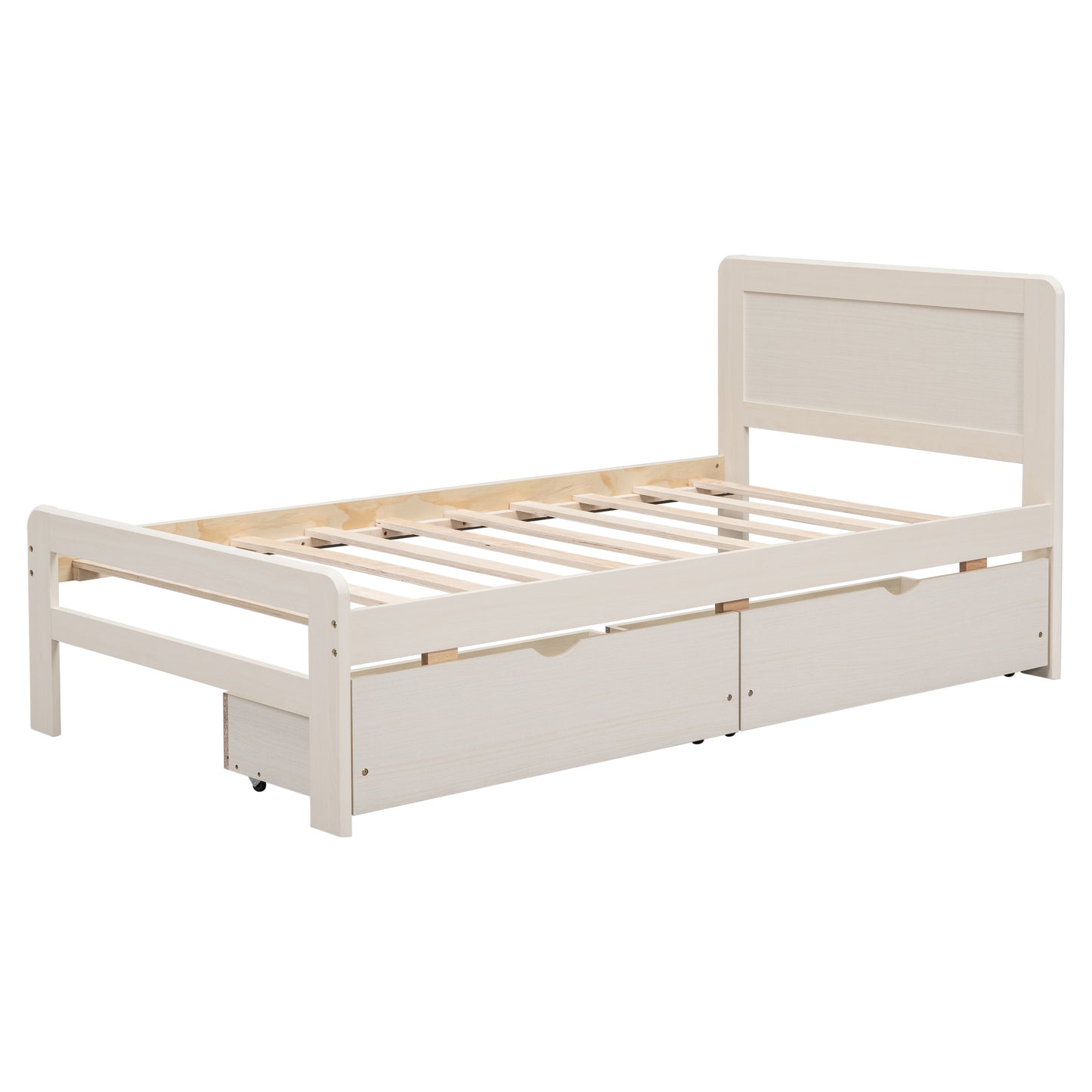 Modern Design Twin Size Platform Bed Frame with 2 Drawers for White Washed Color