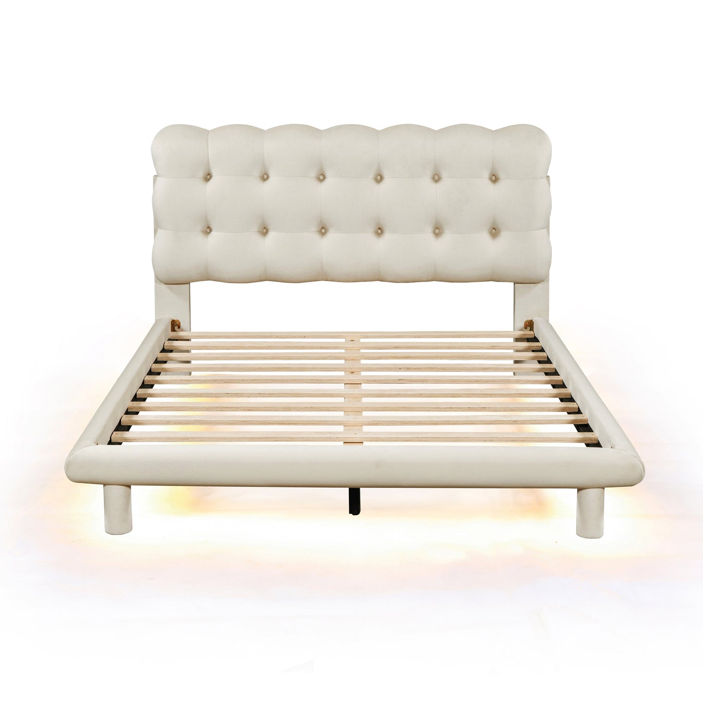 Full Size Velvet Platform Bed with LED Frame, Thick & Soft Fabric and Button-tufted Design Headboard, Beige