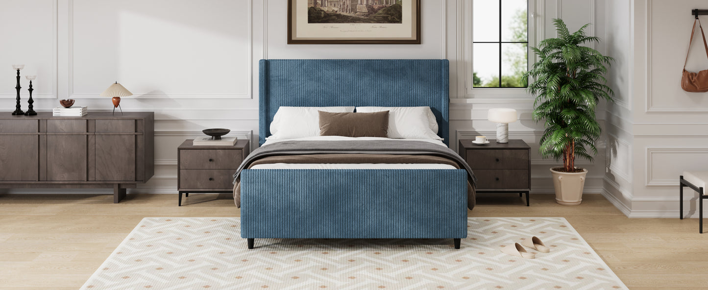 50.7'' High Headboard Corduroy Upholstered Bed Frame with Vertical Stripe Wingback and High Footboard No Box Spring Needed, Queen Size, Blue