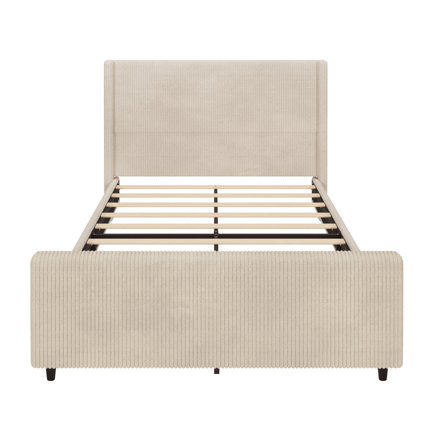 50.7'' High Headboard Corduroy Upholstered Bed Frame with Vertical Stripe Wingback and High Footboard No Box Spring Needed, Queen Size, Cream