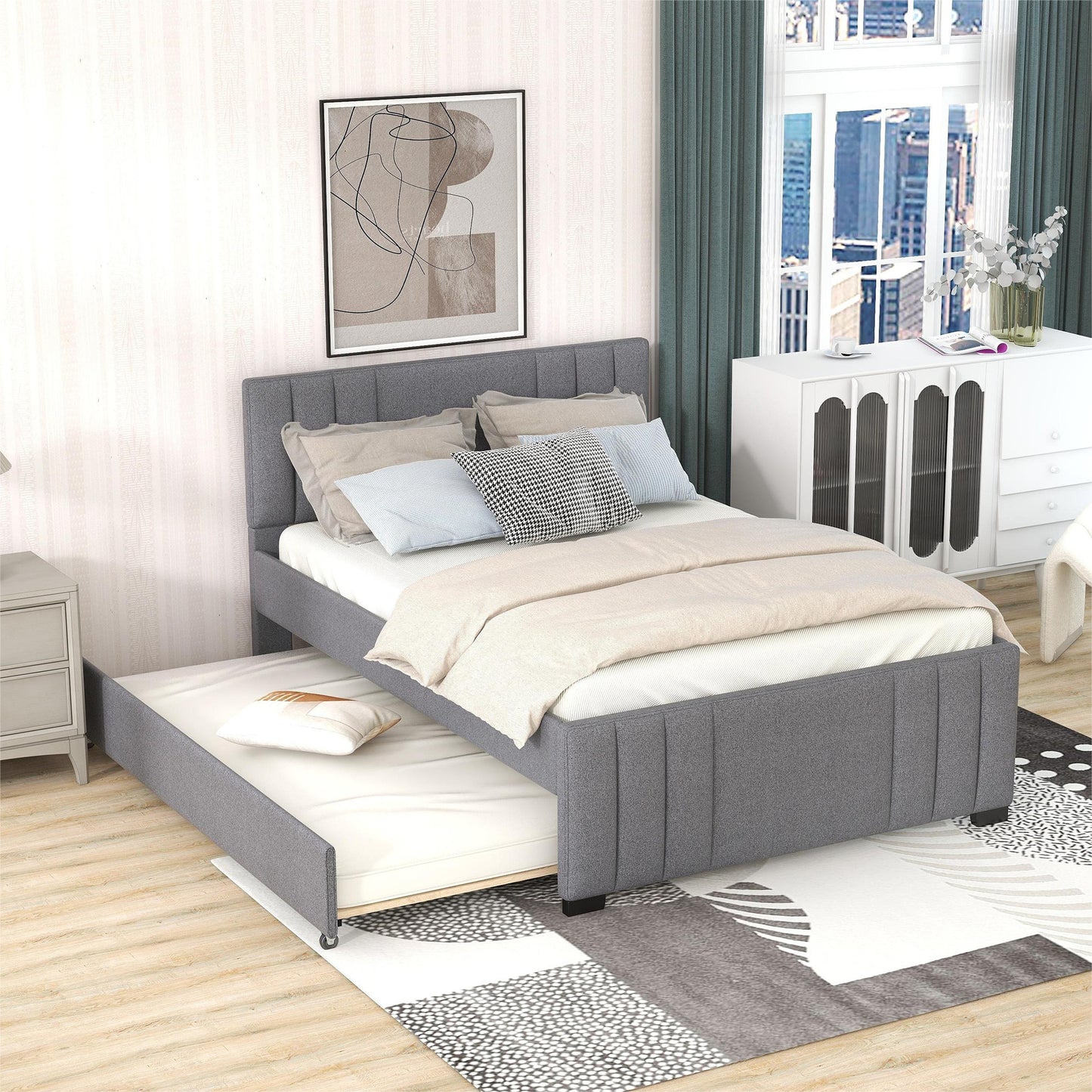 Full Upholstered Platform Bed with Trundle,Grey (OLD SKU:SM001006AAE)